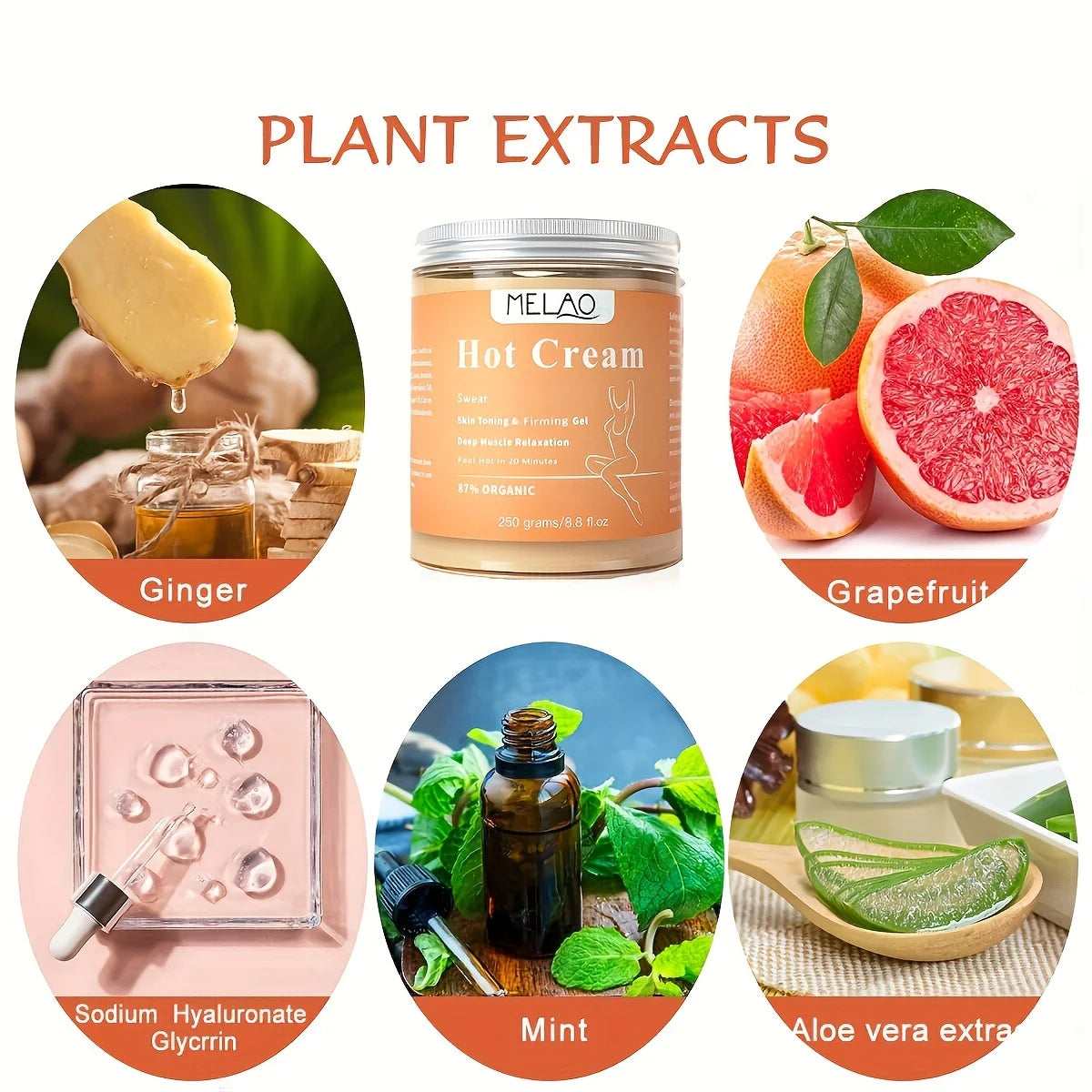 MELAO Hot Cream Massage Gel - Natural and 87% Organic Anti Cellulite Slimming Lotion